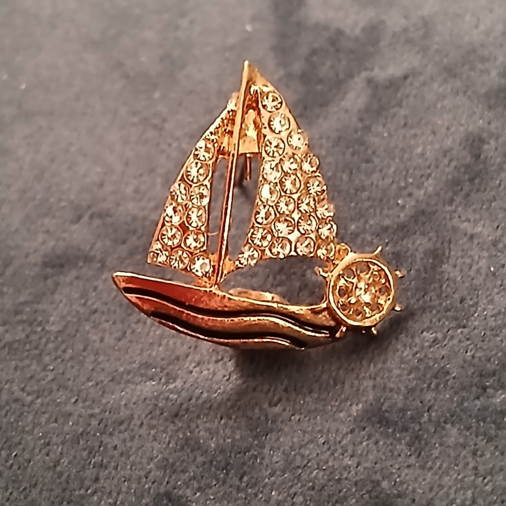 Gold Tone Sailboat Brooch with Crystals